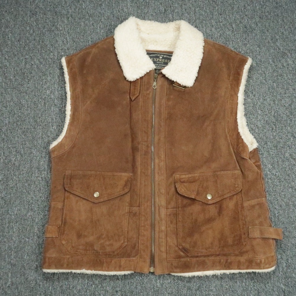 Express Vest Mens Large Brown Pig‎ Split Leather Suede Full Zip Sherpa Lined